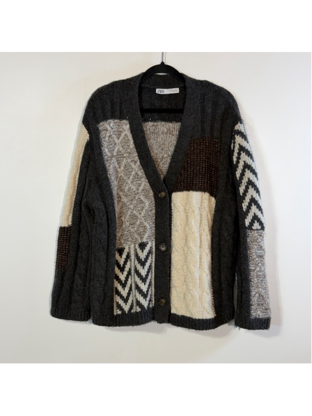 ZARA Patchwork Cardigan Sweater Women’s Medium Gray White Brown Buttons V-Neck - Picture 2 of 13